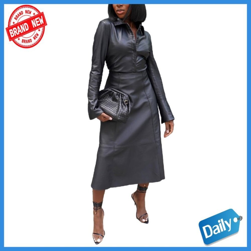 PU Leather Lapel Shirt Maxi Skirt Set Long Sleeve Two Piece Outfit